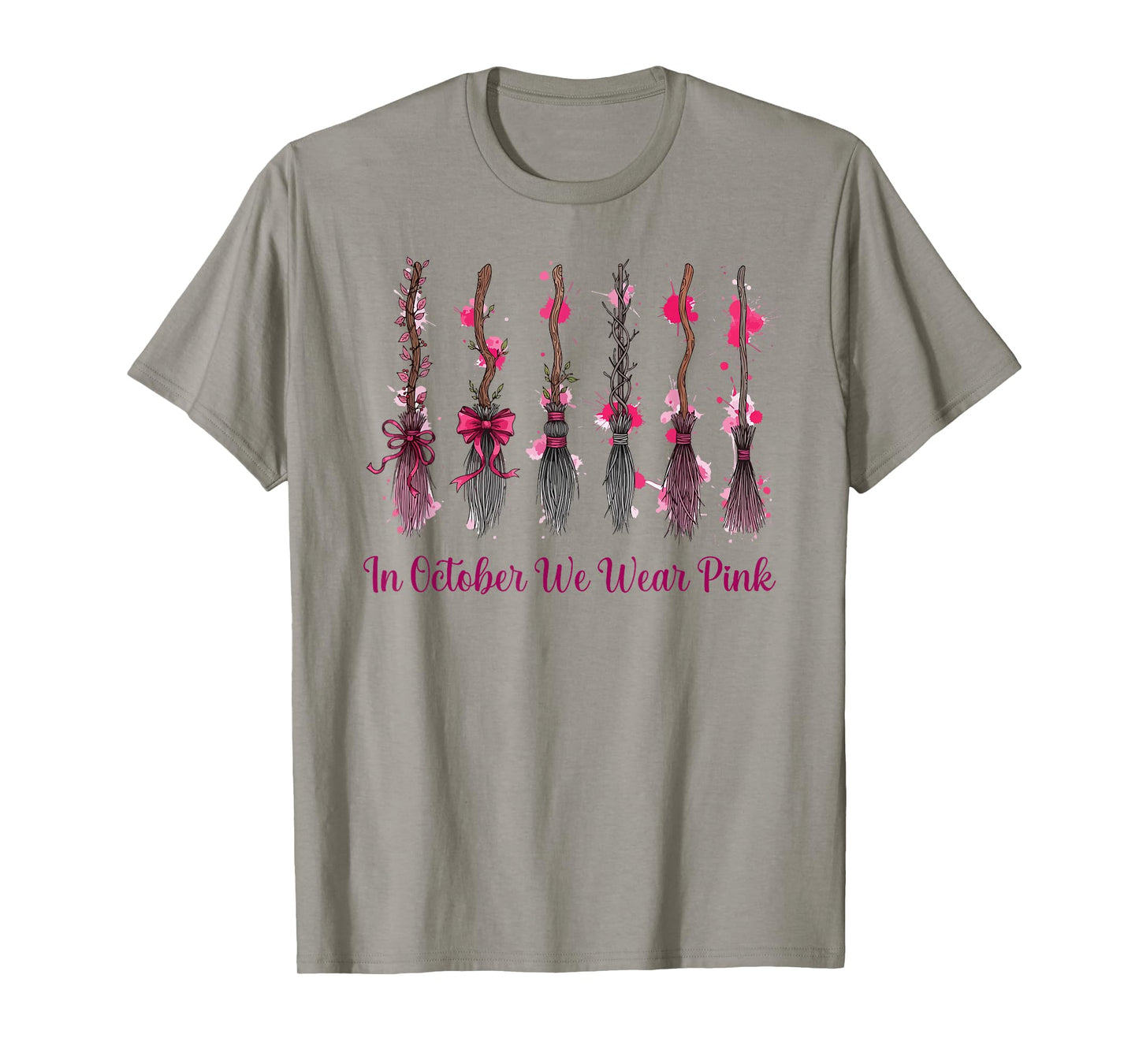 in October We Wear Pink Witches Brooms Spooky Breast Cancer T-Shirt