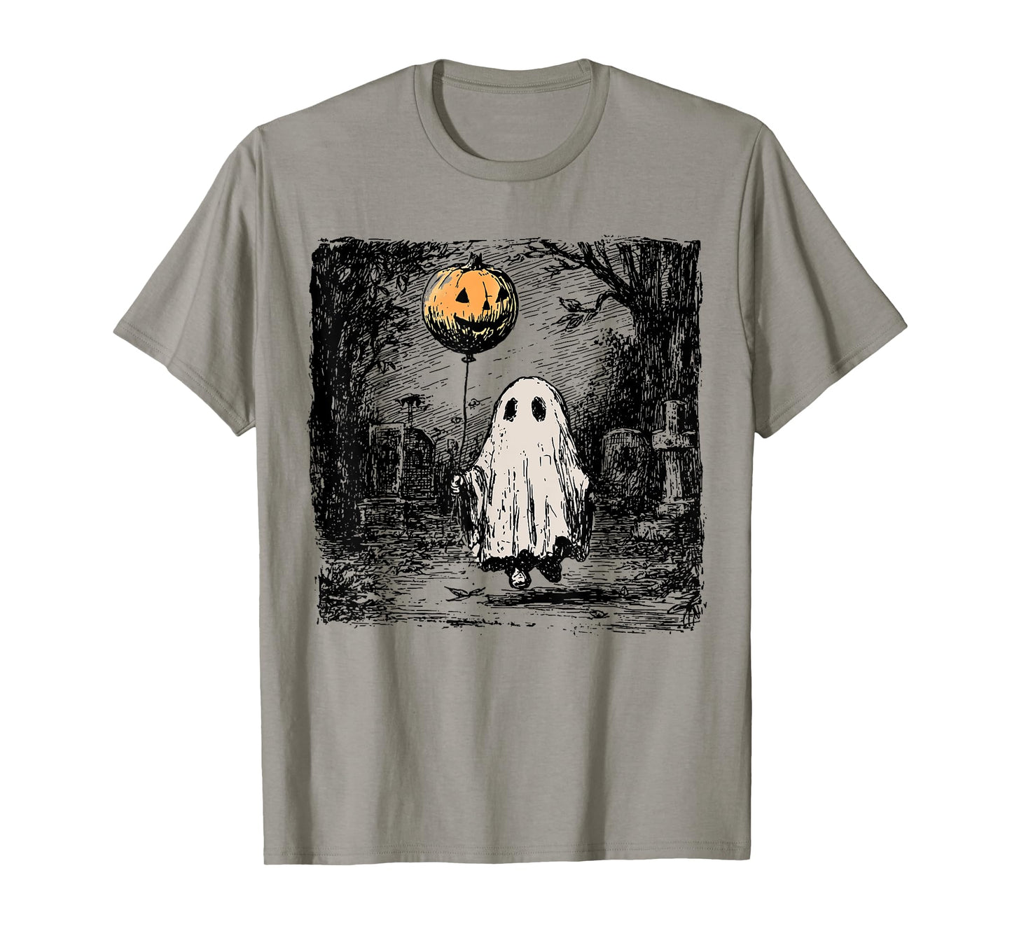 Horror Ghost Holding Pumpkin Bubble Brush Vintage Halloween T-Shirt