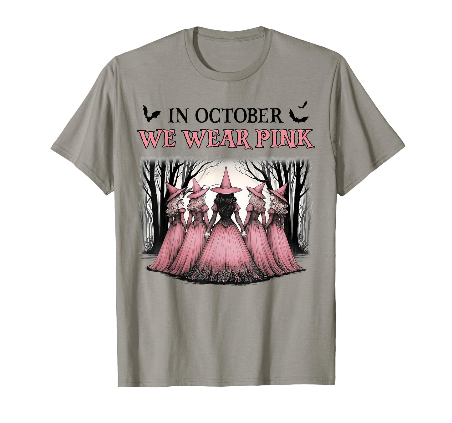 in October We Wear Pink Witch Halloween Breast Cancer Women T-Shirt