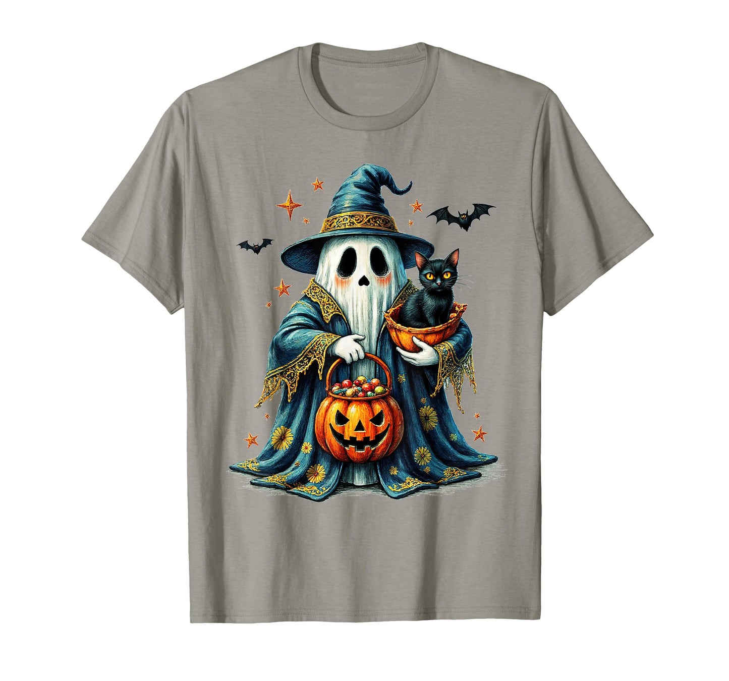 Ghost Holding Black Cat Lover Halloween 2025 Groovy Floral T-Shirt