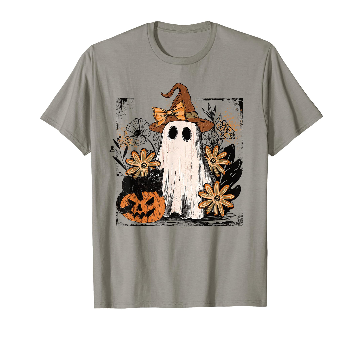Cute Ghost Witch Cat Pumpkin Halloween Fall Floral Aesthetic T-Shirt