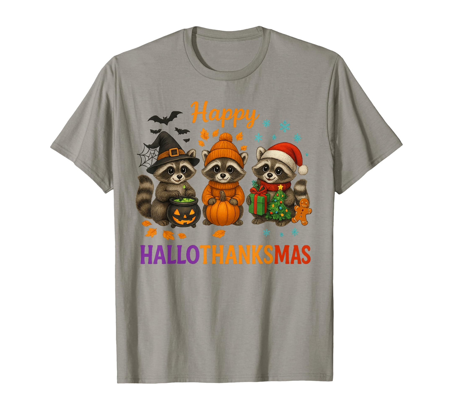 Happy Hallothanksmas Raccoon Halloween Christmas Thanksgivin T-Shirt