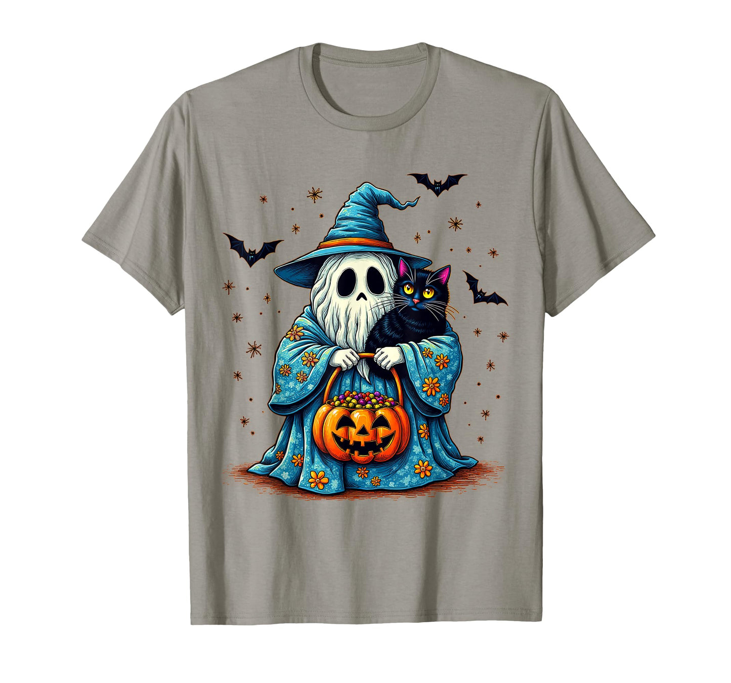 Halloween 2025 Ghost Holding Black Cat Groovy Floral Vintage T-Shirt