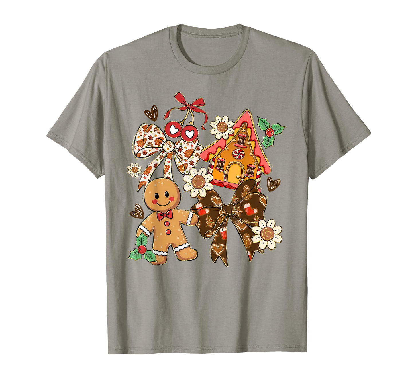 Preppy Christmas Gingerbread Floral Coquette Bow Cute Xmas T-Shirt