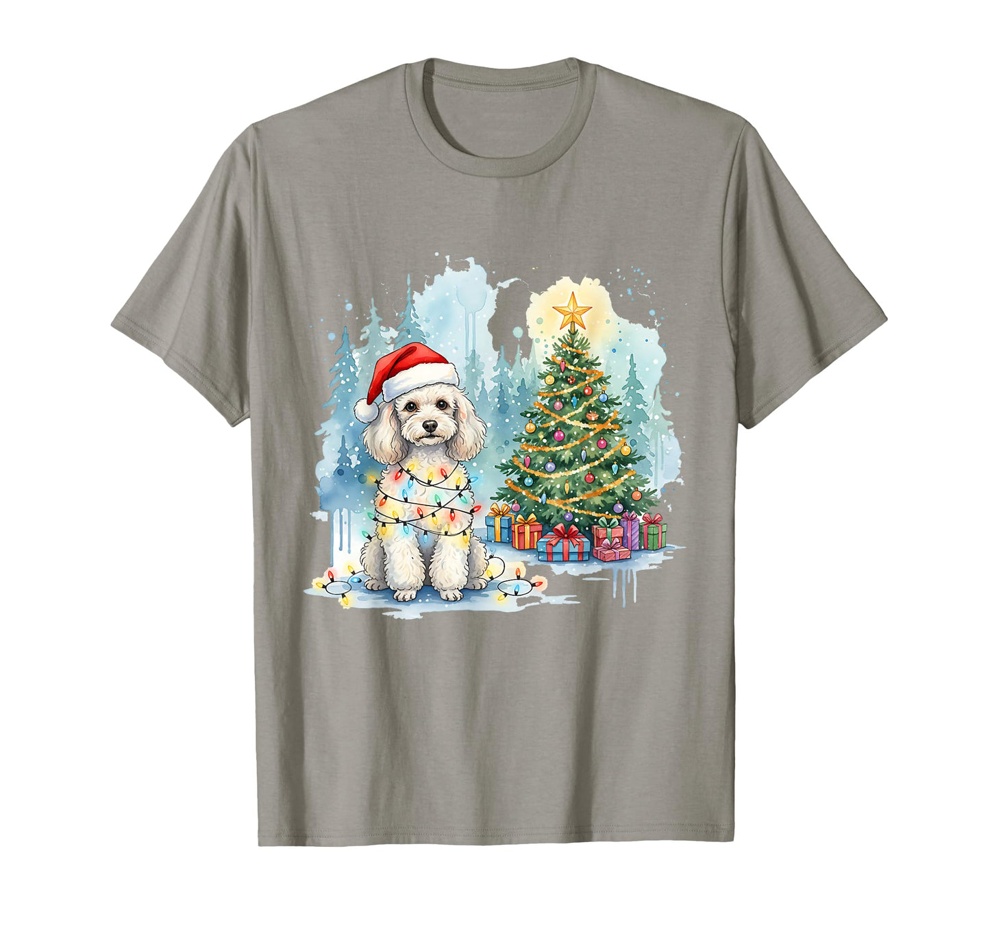 Festive Fluffy Poodle Christmas Santa Hat and Lights Winter T-Shirt