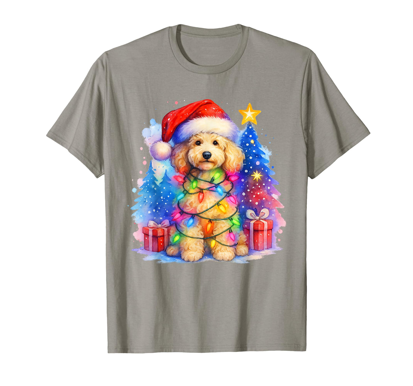 Festive Fluffy Poodle Christmas Santa Hat and Lights Winter T-Shirt