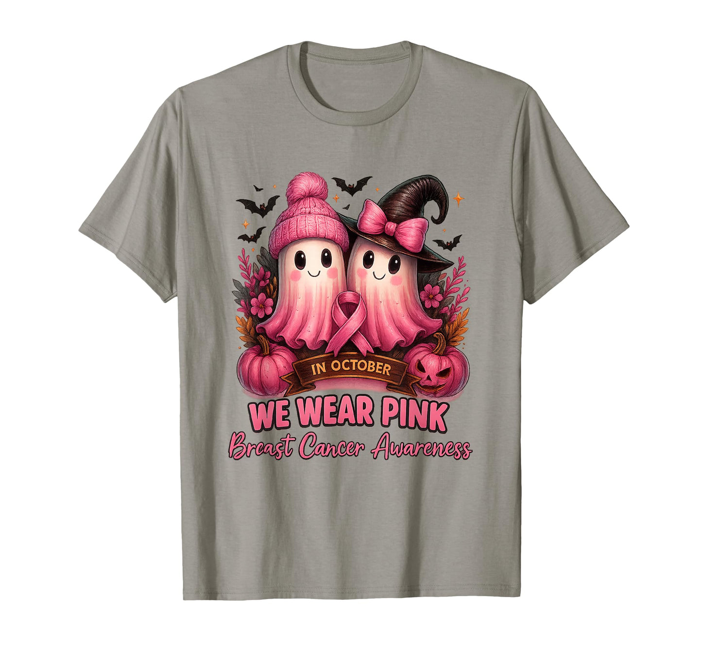 in October We Wear Pink Witch Ghost Breast Cancer Awareness T-Shirt