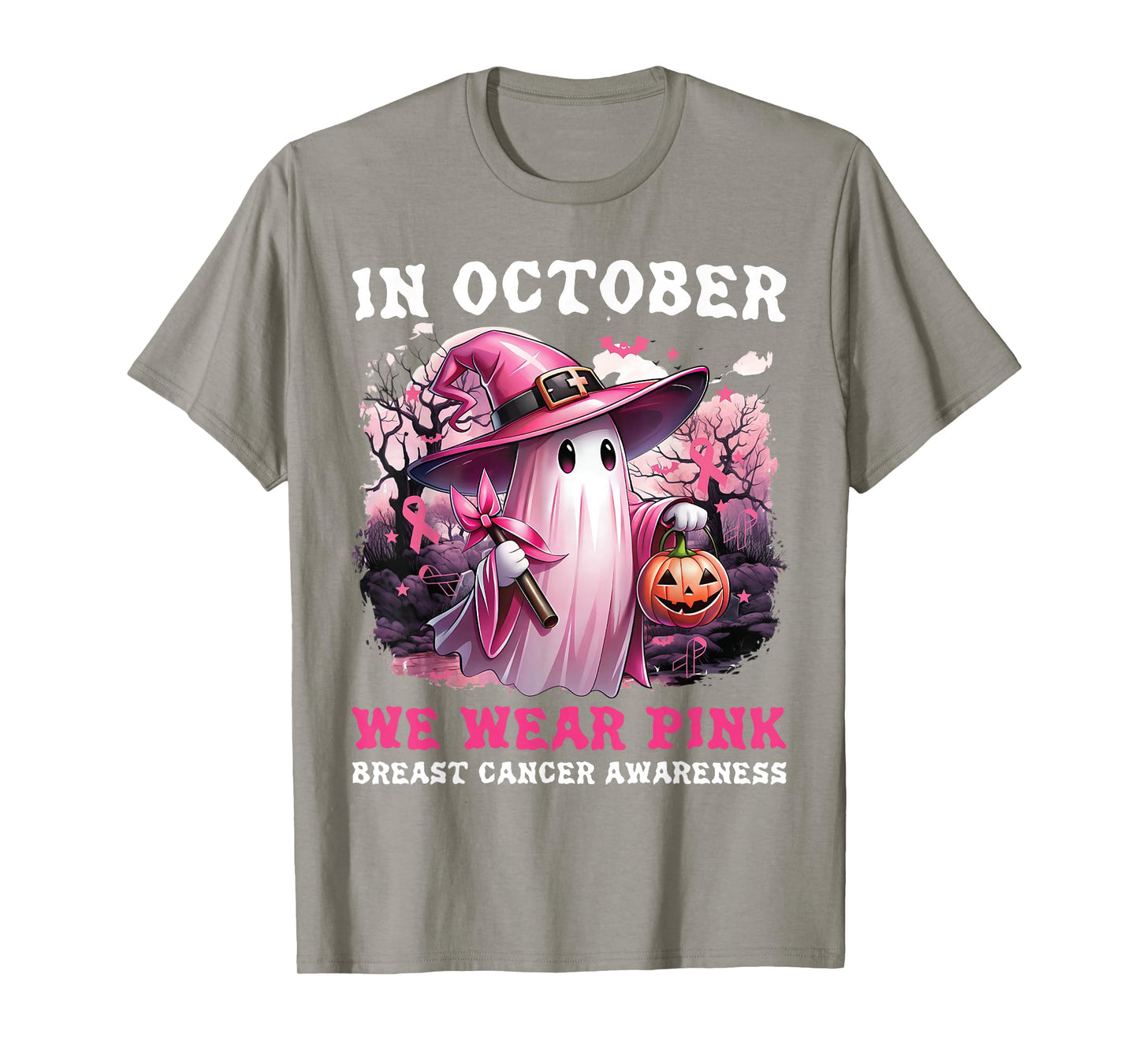 in October We Wear Pink Ghost Witch Breast Cancer Awareness T-Shirt
