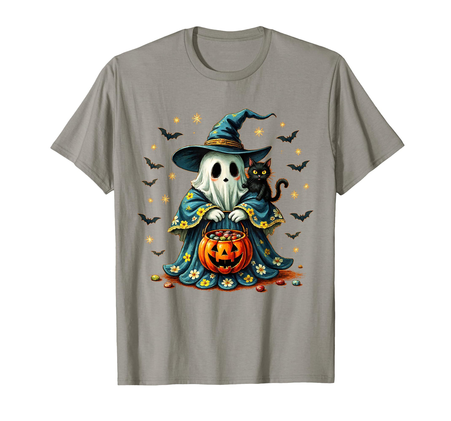 Halloween 2025 Ghost Holding Black Cat Groovy Floral Vintage T-Shirt