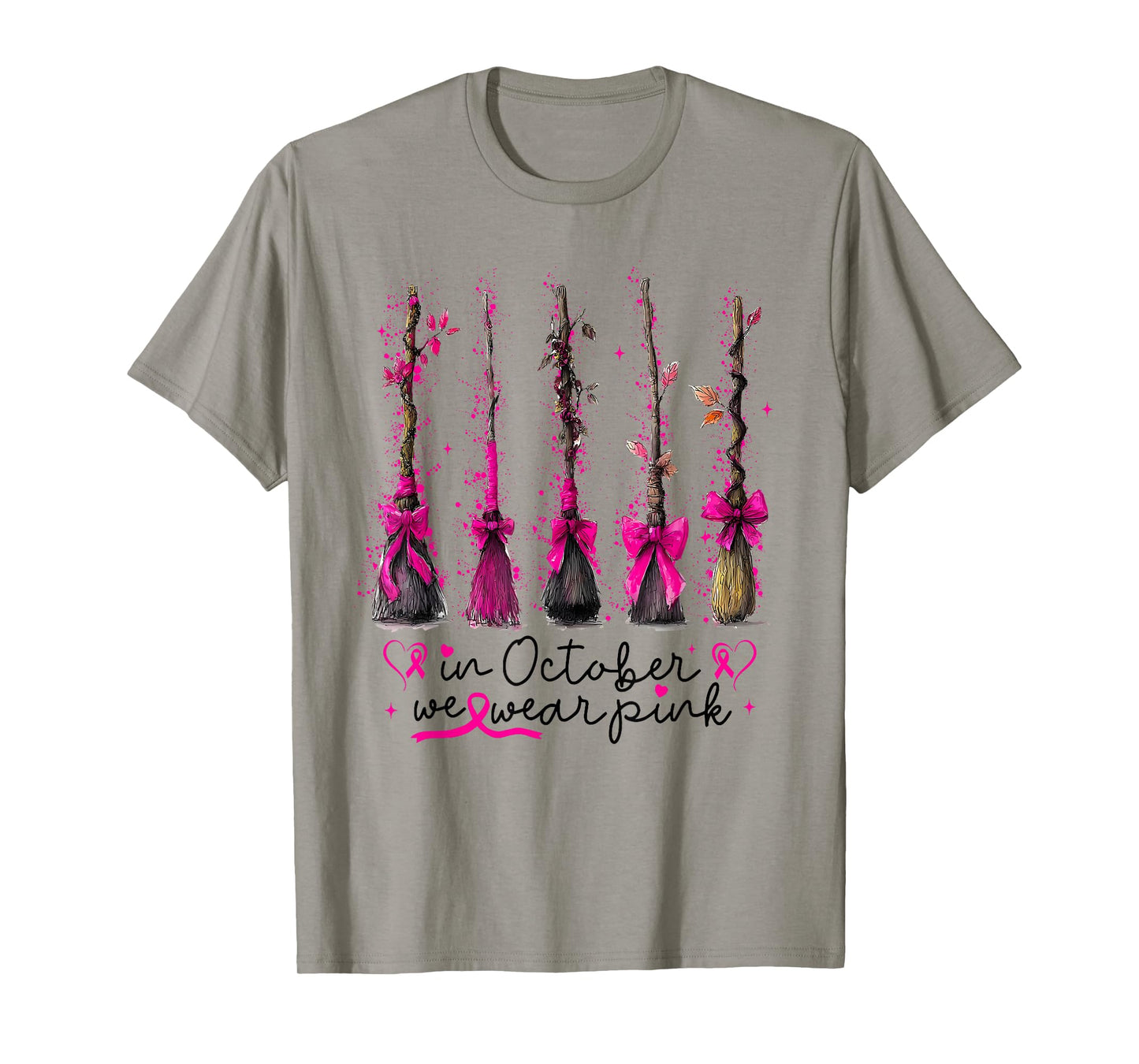 in October We Wear Pink Witches Brooms Spooky Breast Cancer T-Shirt