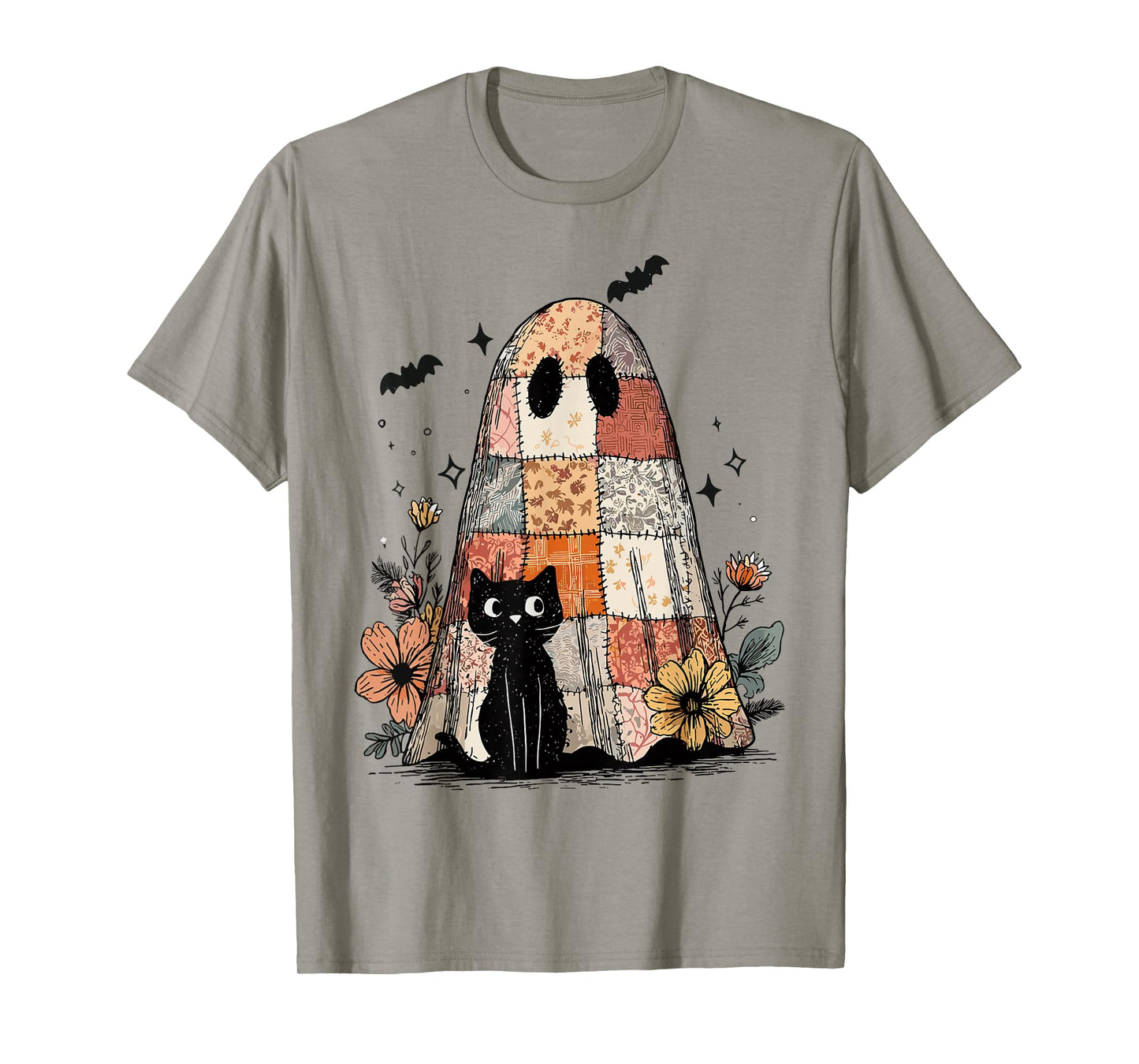 Retro Patchwork Ghost and Cat Floral Hallowee Spooky Season T-Shirt