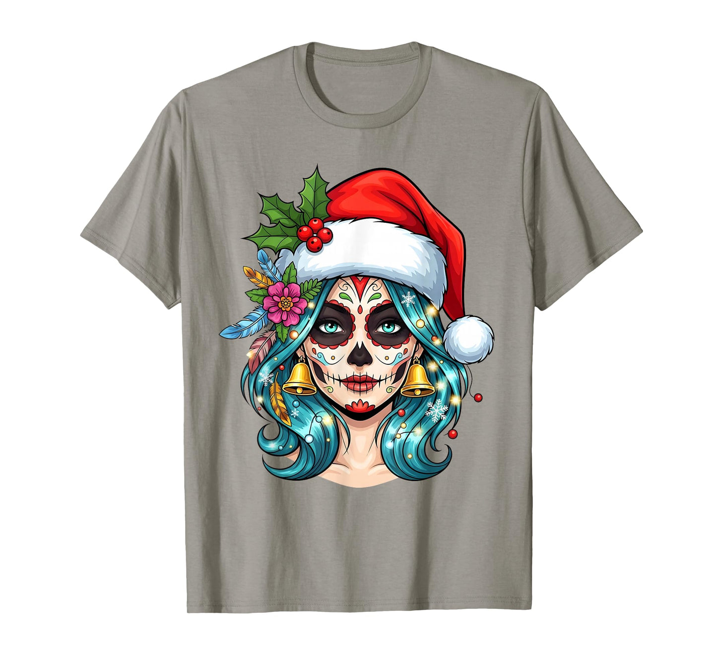 Christmas Sugar Skull Art Woman Santa Hat Festive Design T-Shirt
