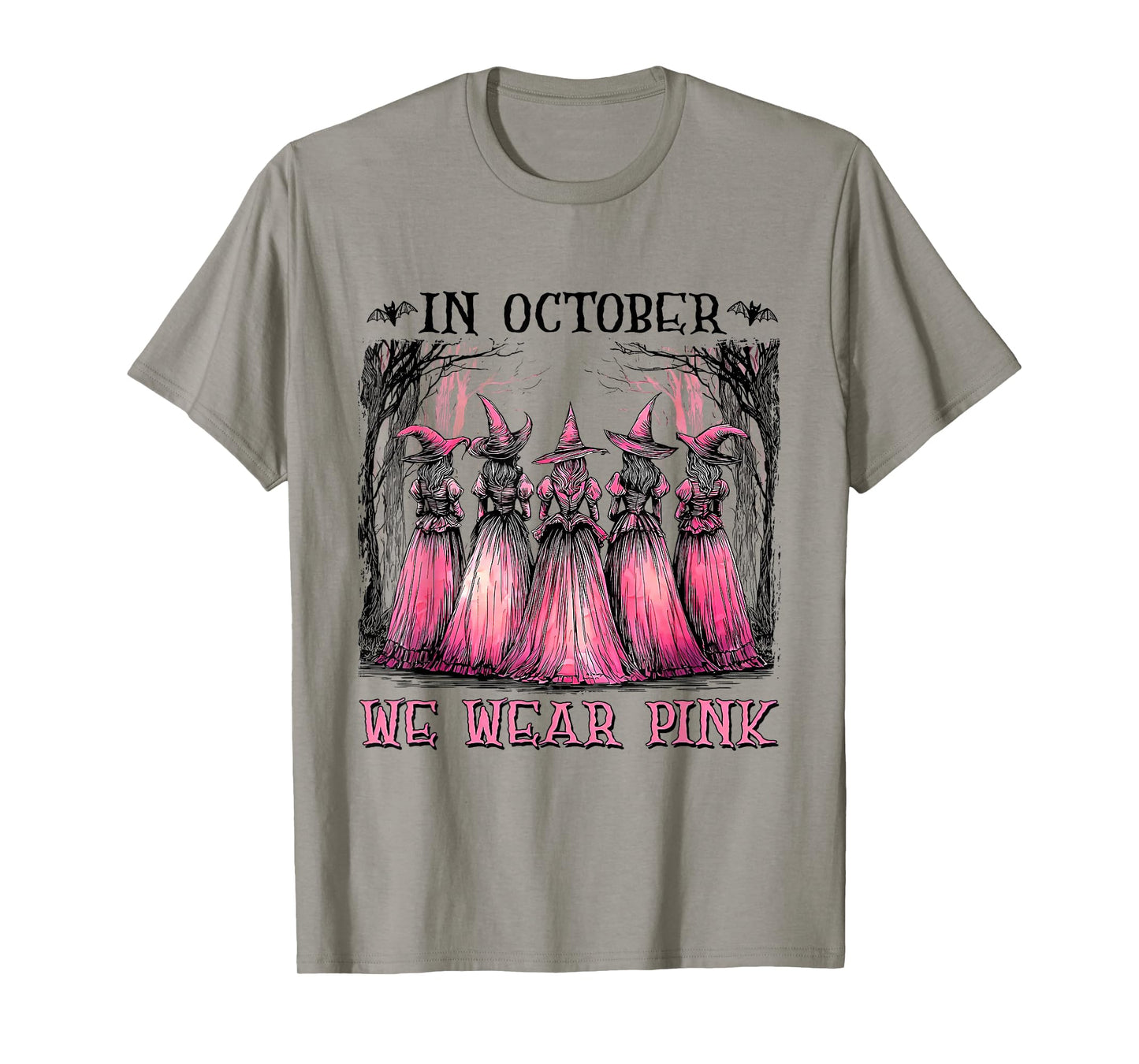 in October We Wear Pink Ribbon Witch Halloween Breast Cancer T-Shirt