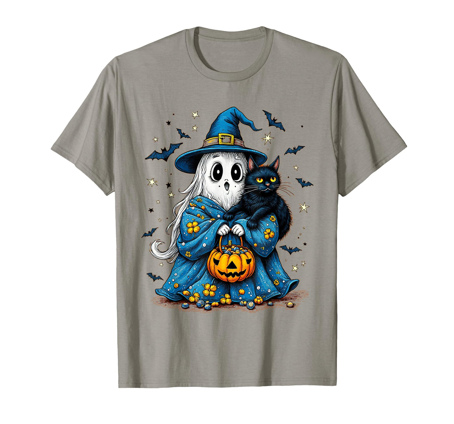 Halloween 2025 Ghost Holding Black Cat Groovy Floral Vintage T-Shirt
