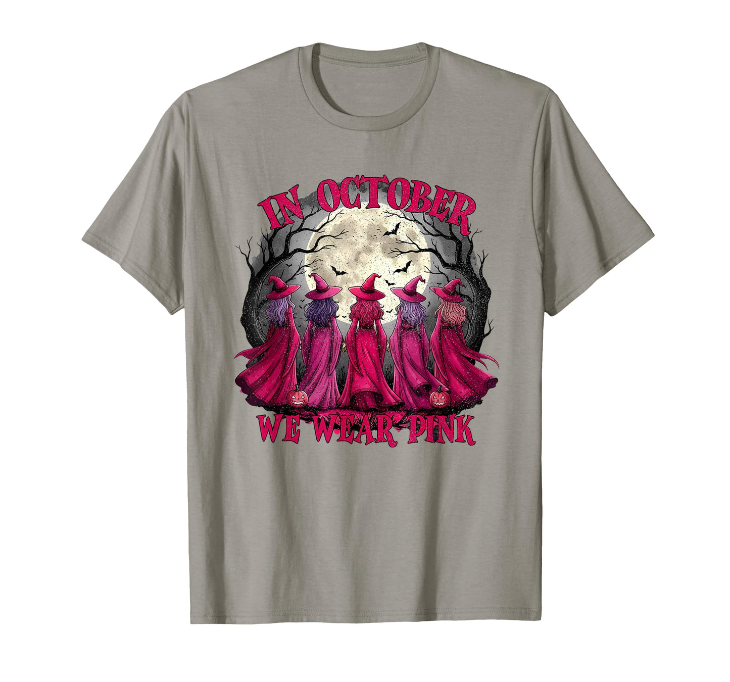 in October We Wear Pink Witch Halloween Breast Cancer Women T-Shirt