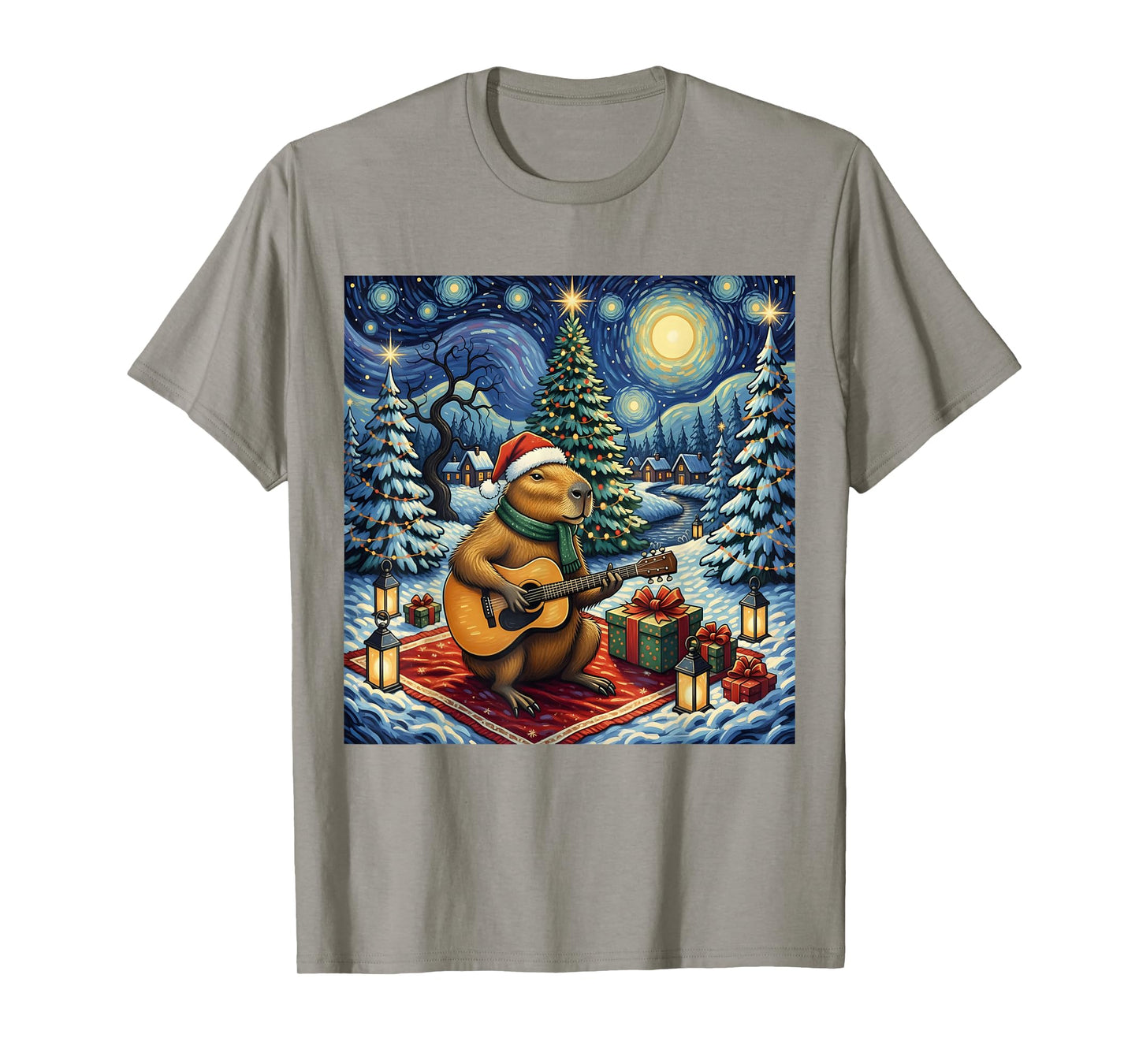 Capybara Playing The Guitar Van Gogh Style Christmas Themed T-Shirt