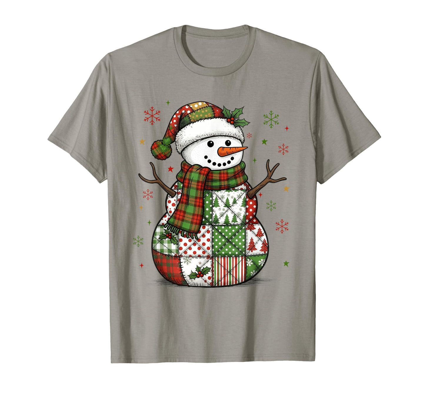 Cute Patchwork Snowman Merry Christmas Xmas Holiday Pajamas T-Shirt