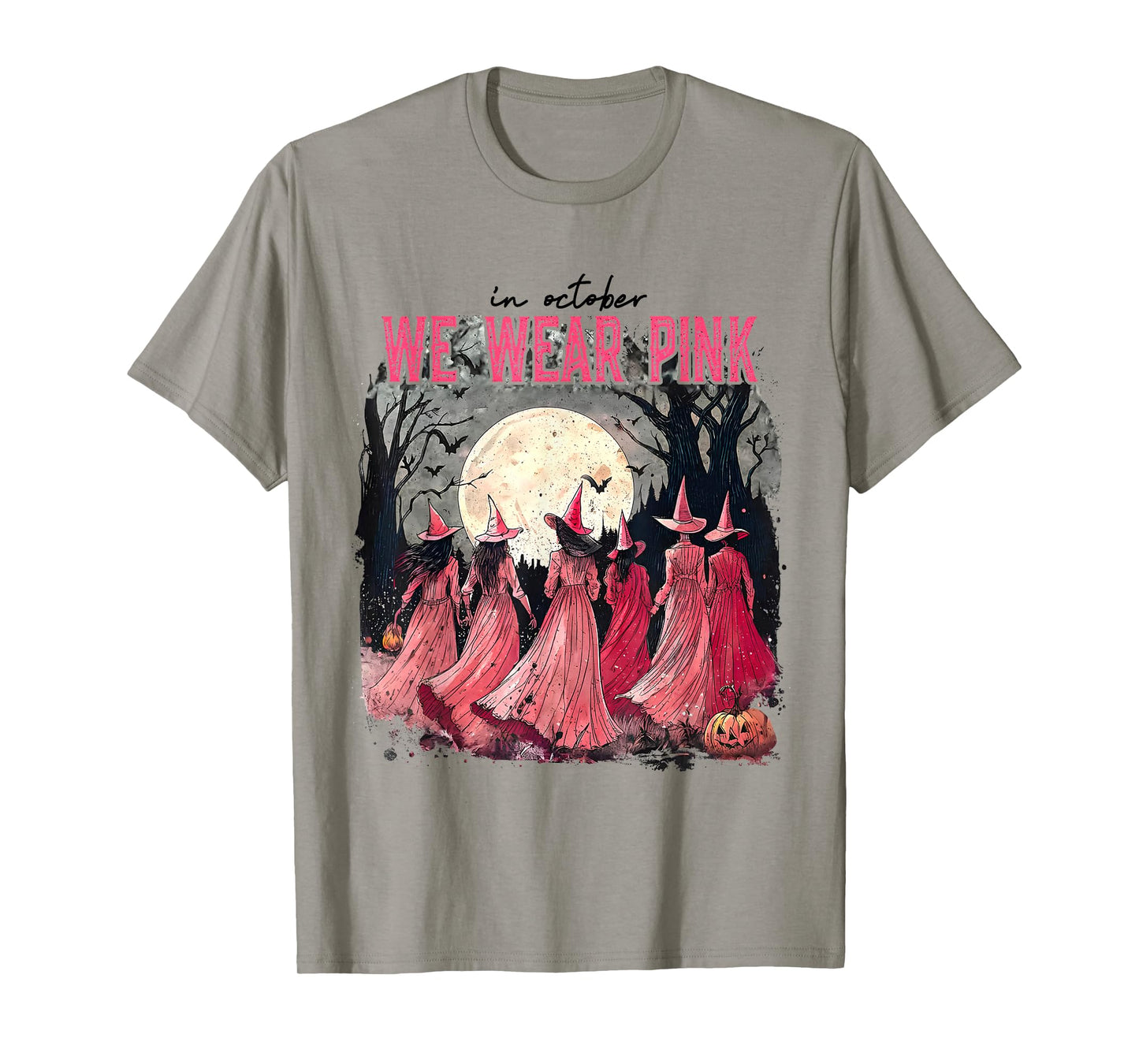 in October We Wear Pink Halloween Salem Witch Breast Cancer T-Shirt