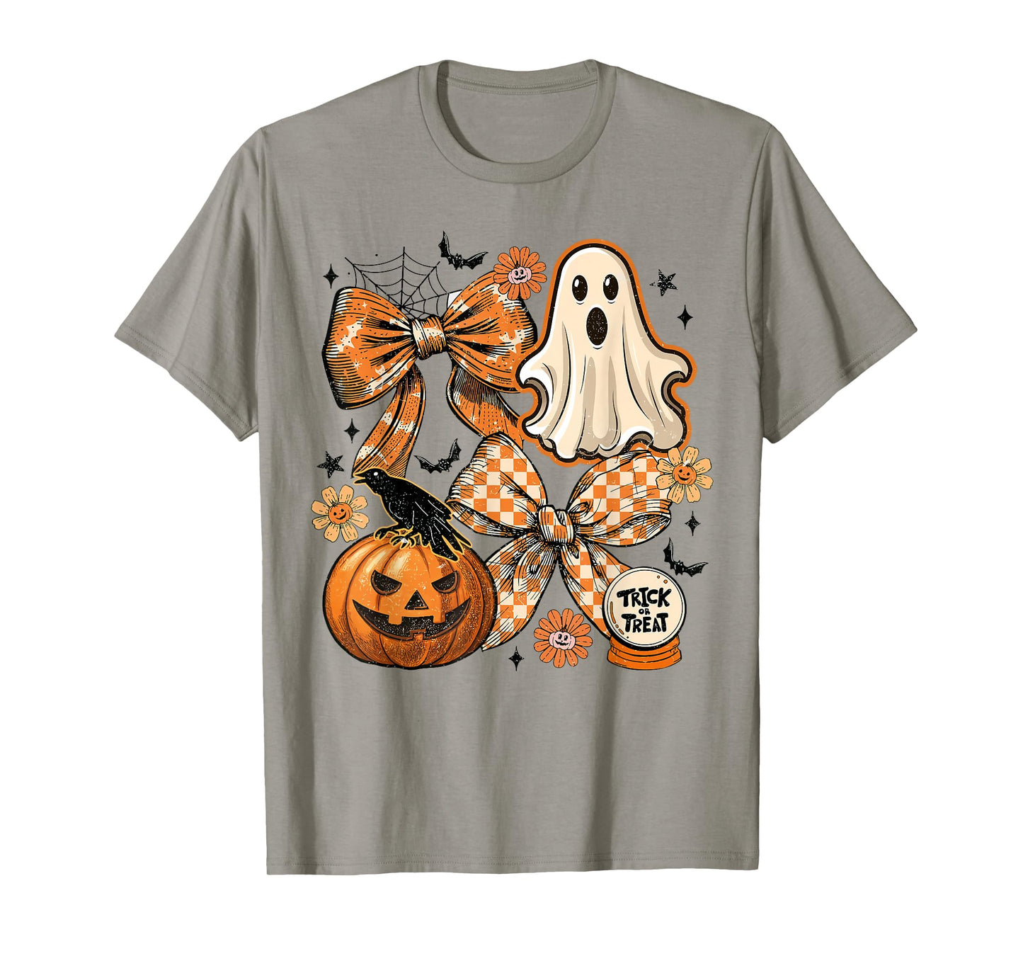 Vintage Halloween Ghost Coquette Bow Checkered Floral T-Shirt