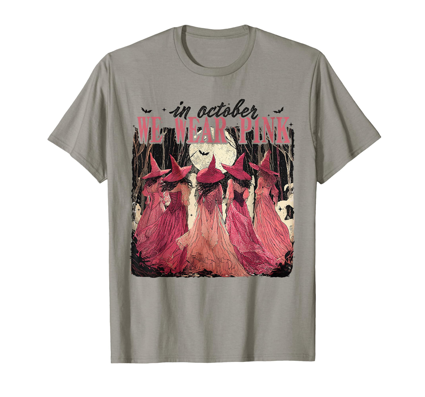 in October We Wear Pink Witches Halloween Breast Cancer T-Shirt