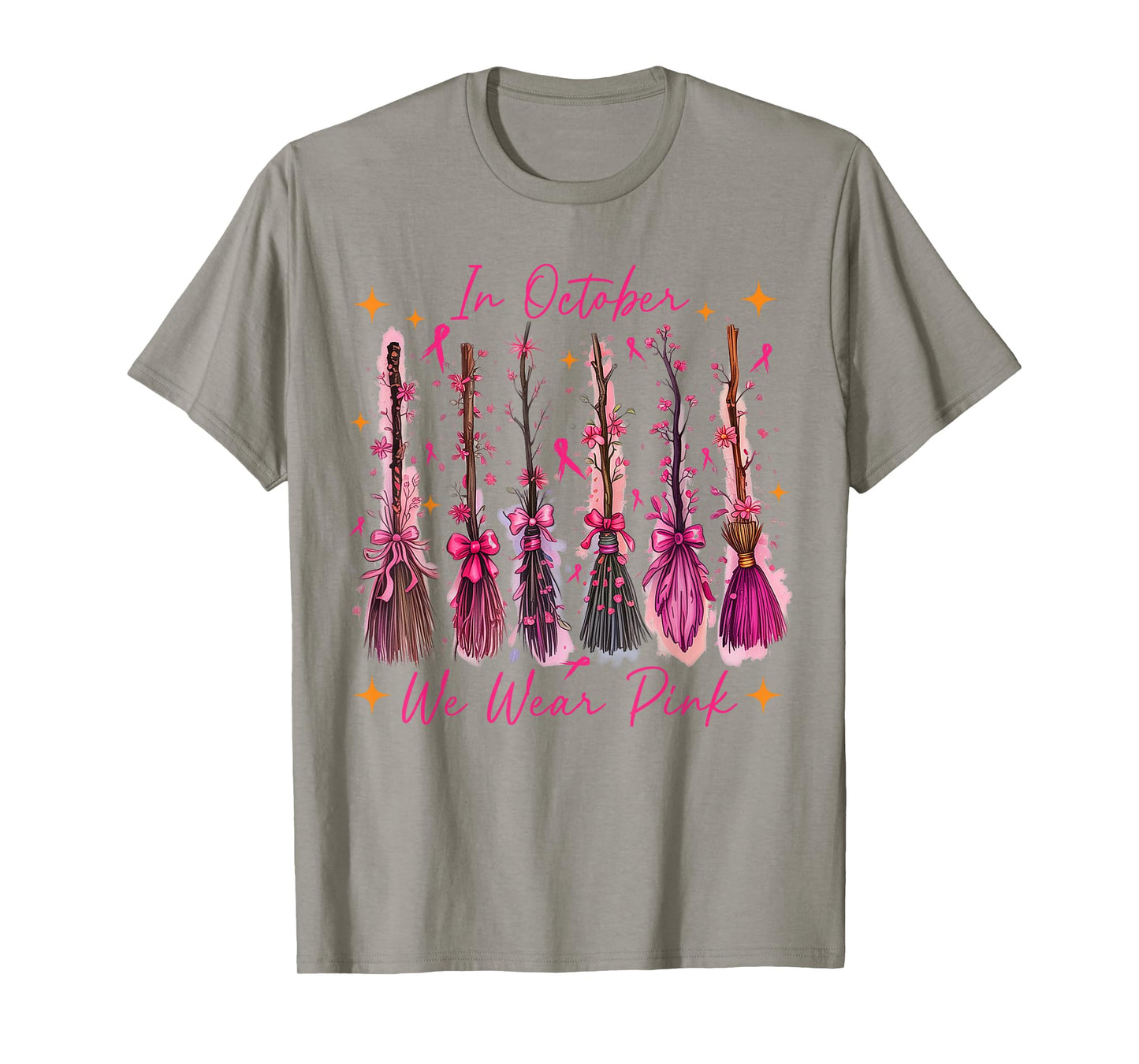 Breast Cancer Halloween in October We Wear Pink Witch Broom T-Shirt