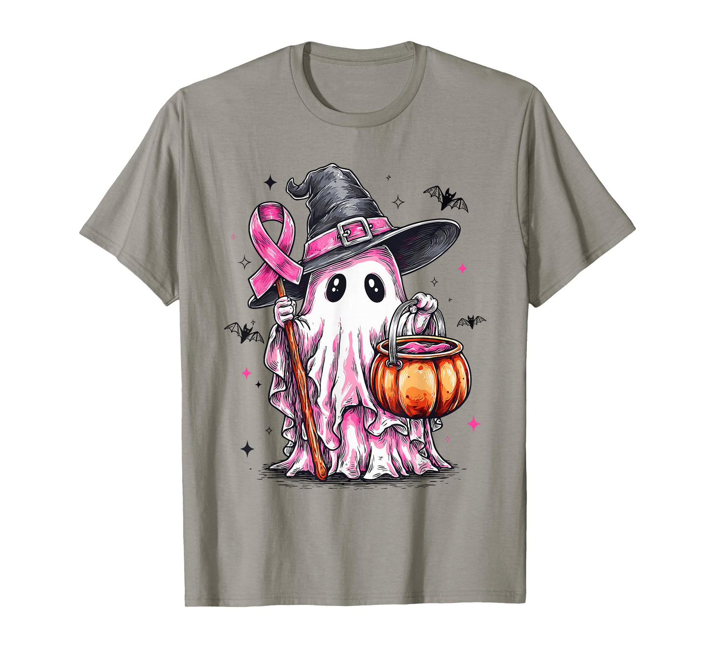 Retro Pink Ghost Witch Halloween Breast Cancer Awareness T-Shirt