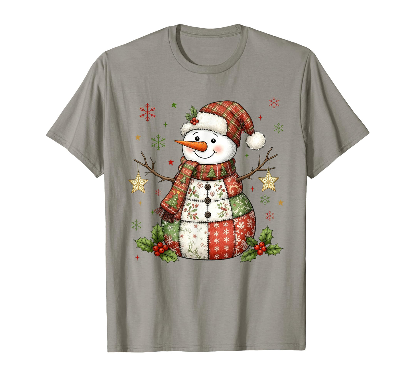 Cute Patchwork Snowman Merry Christmas Xmas Holiday Pajamas T-Shirt
