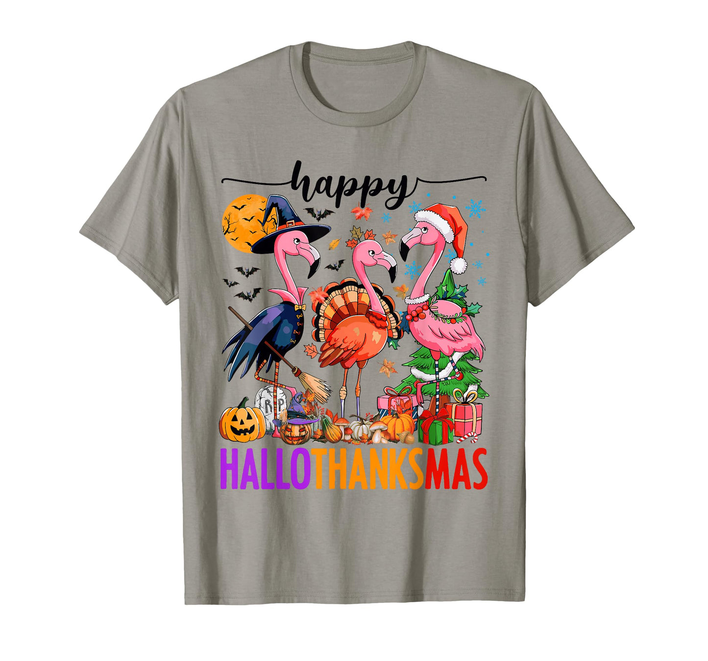 Happy Hallothanksmas Pink Flamingos Halloween Thanksgiving T-Shirt