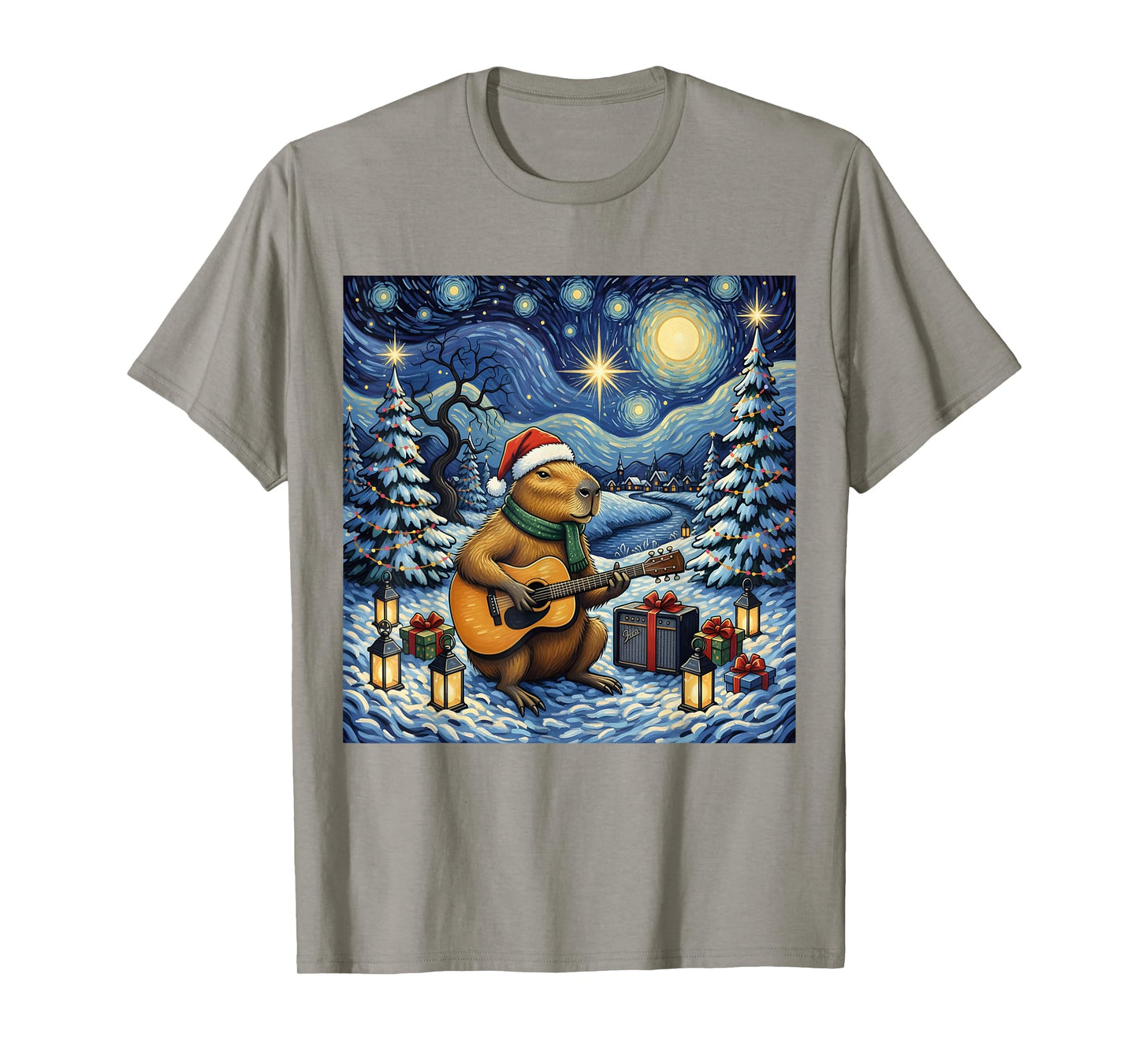 Capybara Playing The Guitar Van Gogh Style Christmas Themed T-Shirt