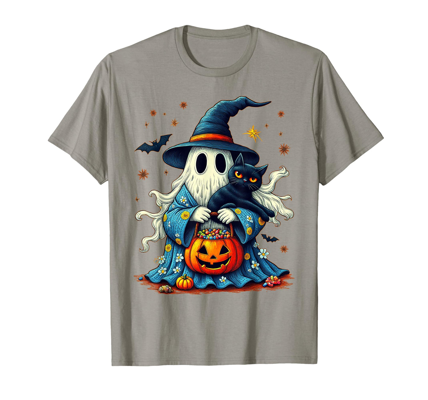 Vintage Halloween 2025 Ghost Holding Black Cat Groovy Floral T-Shirt