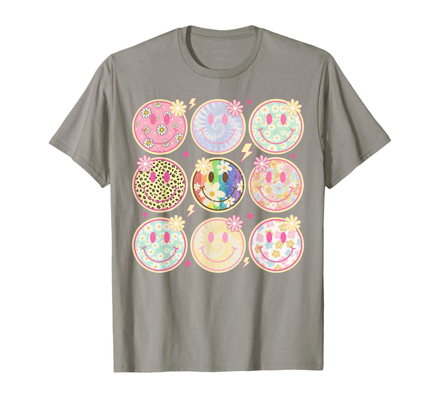 Retro Groovy Smile Face Flower Happy Face Checkered Pattern T-Shirt