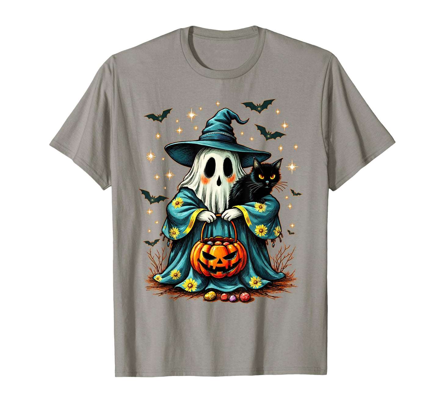 Halloween 2025 Ghost Holding Black Cat Groovy Floral Vintage T-Shirt