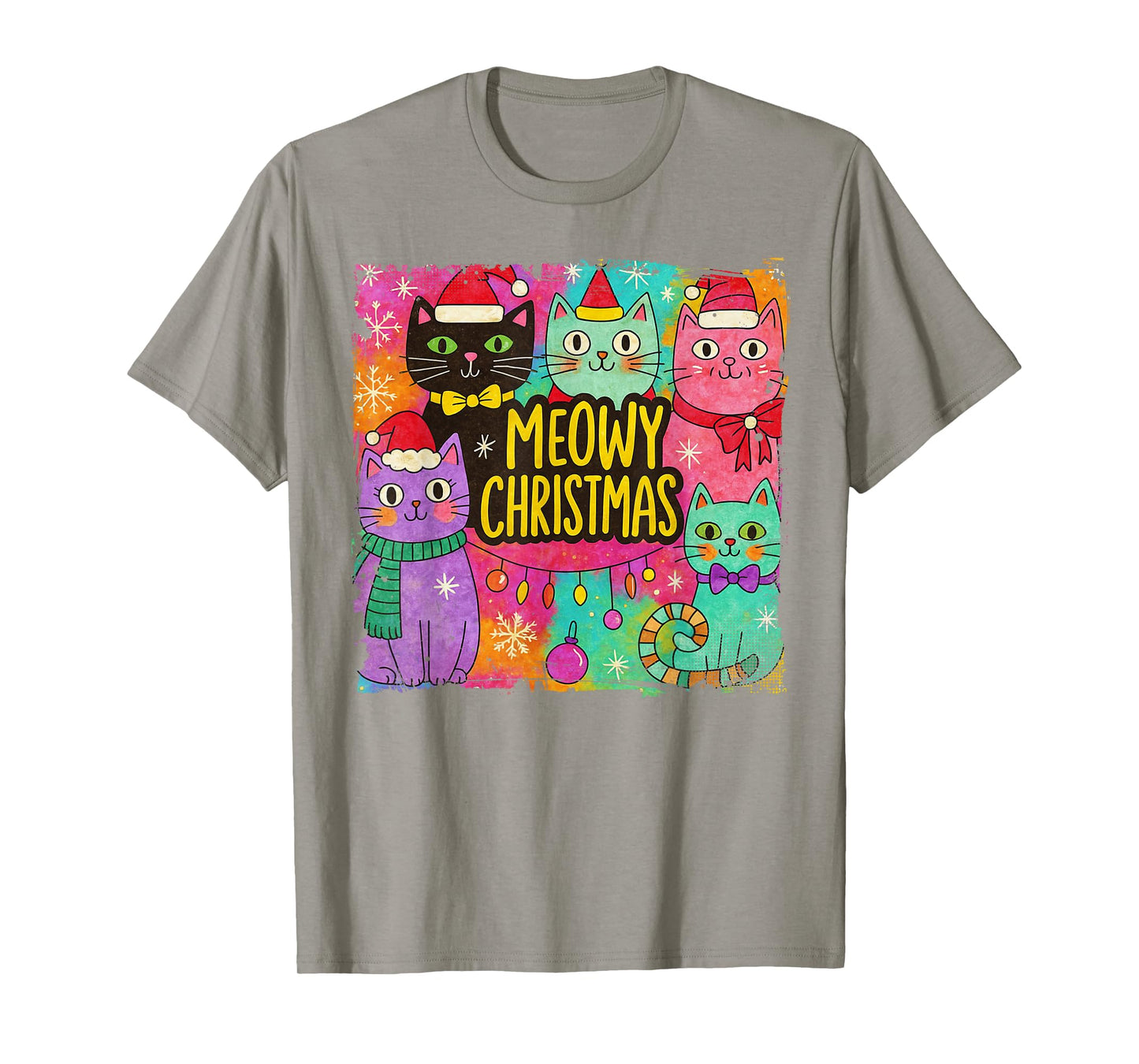 Preppy Meowy Christmas Cat with Santa Hat Kittens Xmas Tree T-Shirt