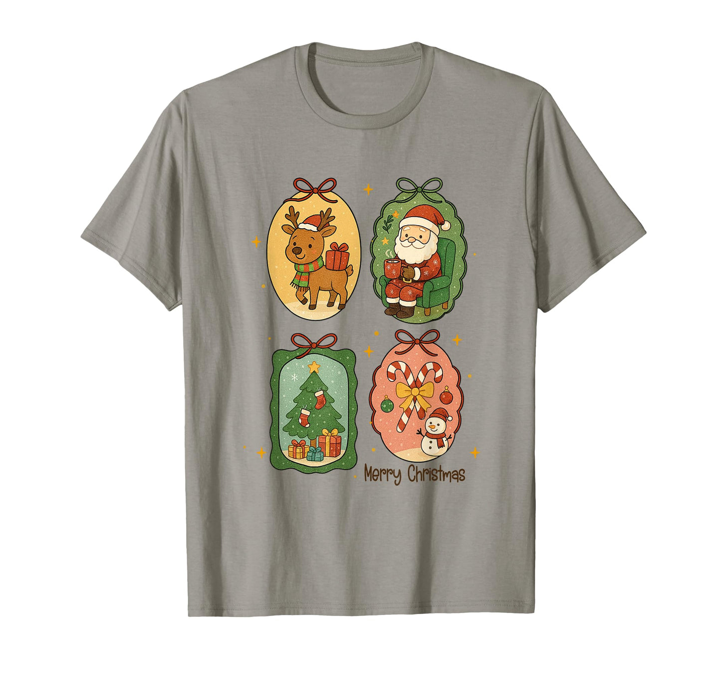 Retro Merry Christmas Frame Santa Reindeer Xmas Tree Candy T-Shirt