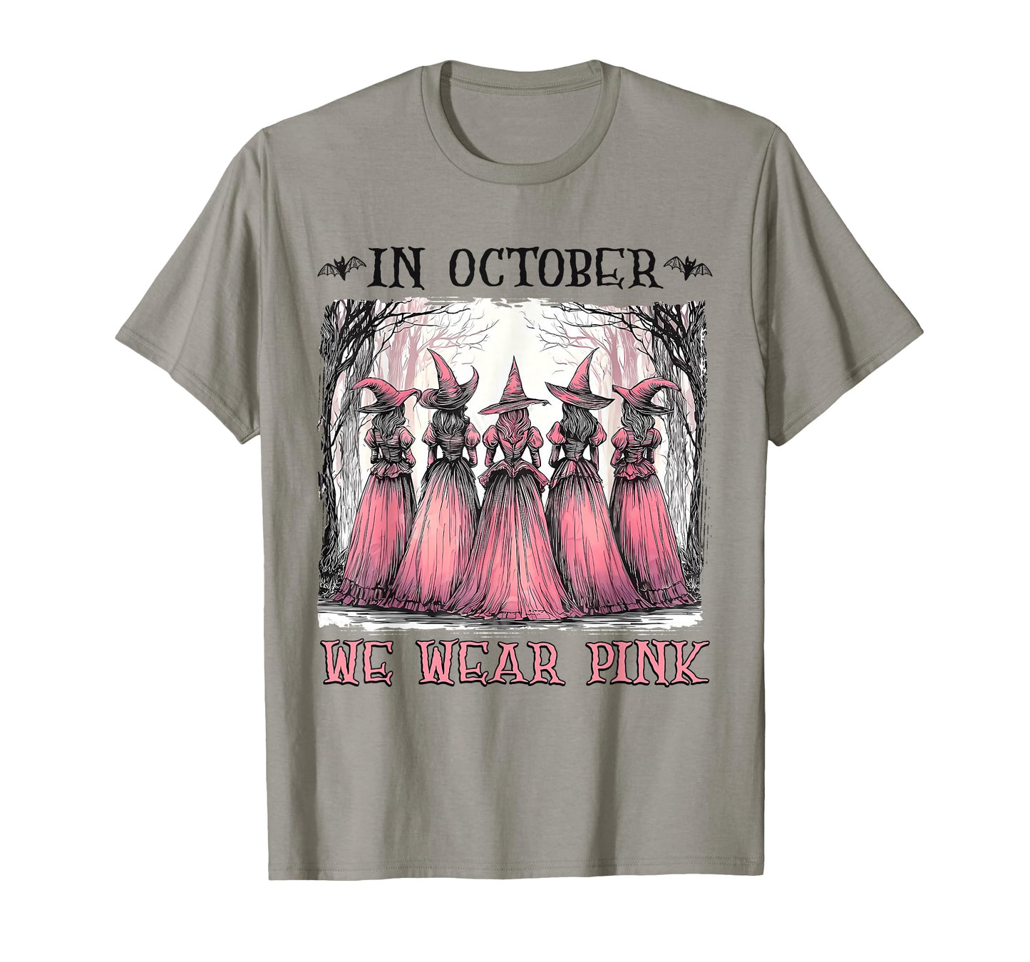 in October We Wear Pink Witch Halloween Breast Cancer T-Shirt