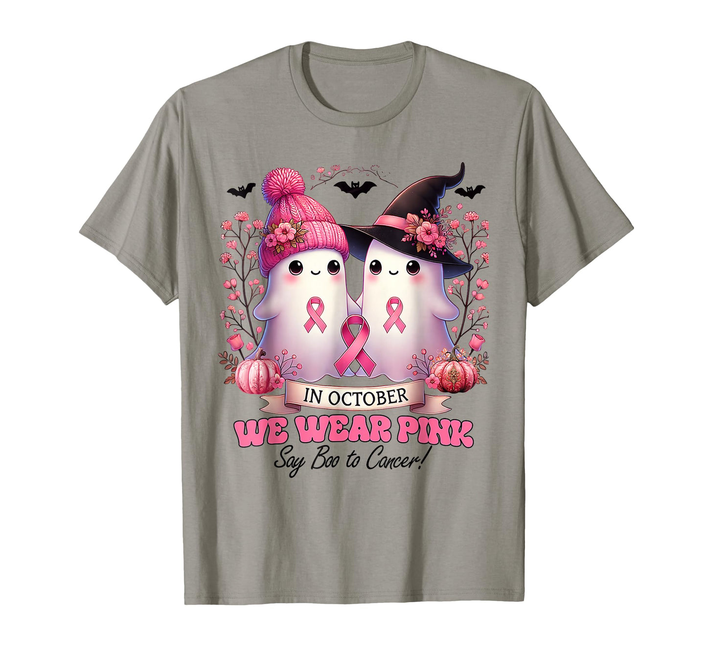 in October We Wear Pink Witch Ghost Pumpkin Breast Cancer T-Shirt