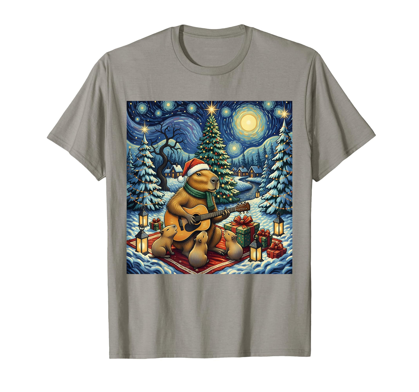 Capybara Playing The Guitar Van Gogh Style Christmas Themed T-Shirt