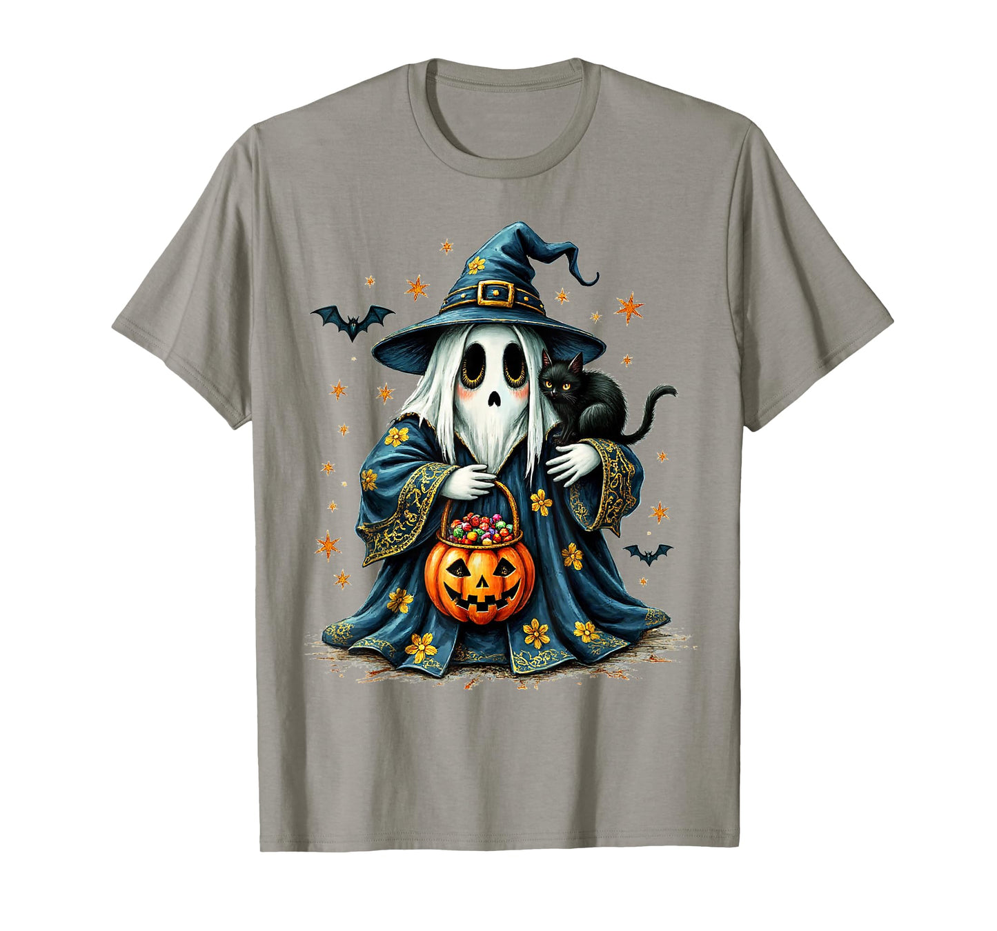 Ghost Holding Black Cat Lover Halloween 2025 Groovy Floral T-Shirt