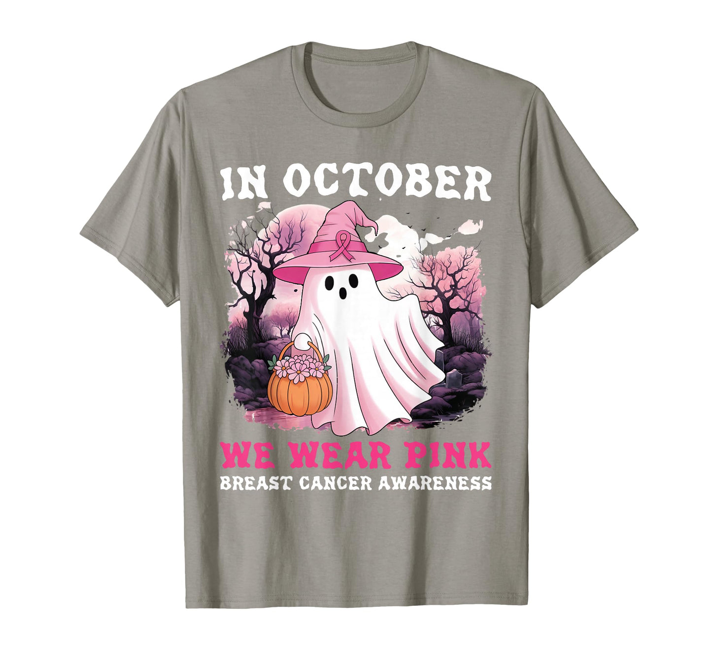 in October We Wear Pink Ghost Witch Breast Cancer Awareness T-Shirt