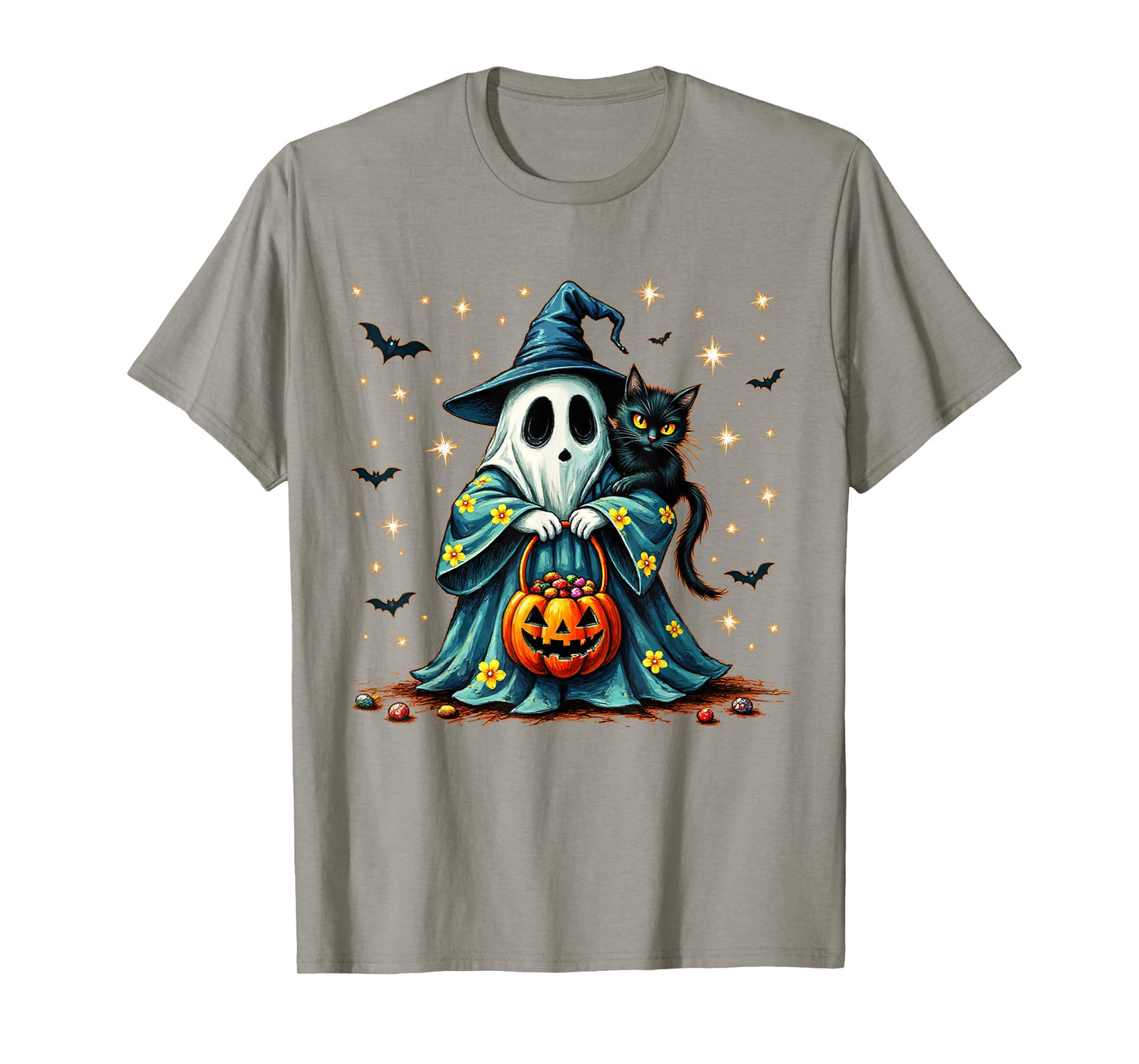 Halloween 2025 Ghost Holding Black Cat Groovy Floral Vintage T-Shirt