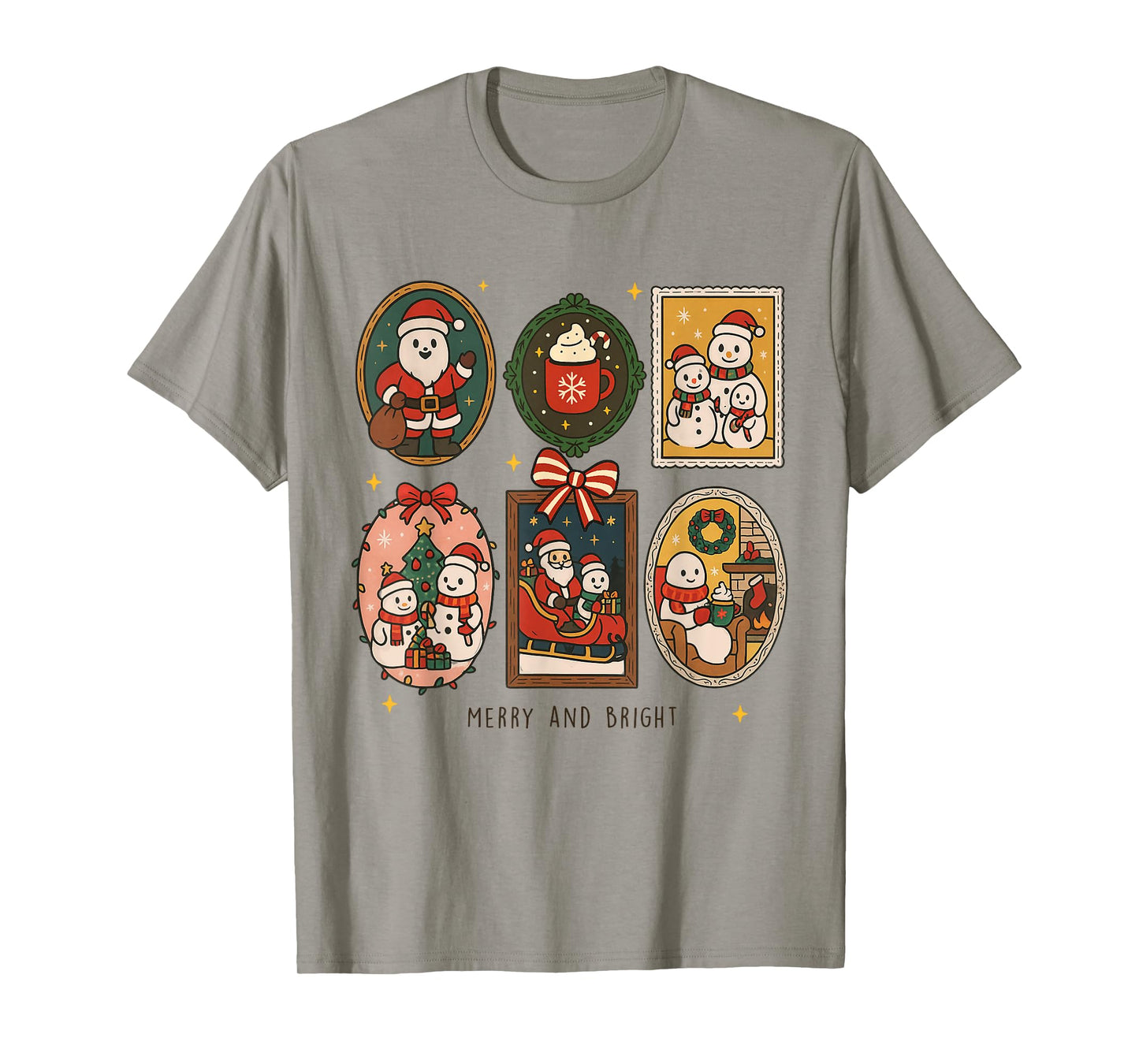 Retro Cute Merry and Bright Christmas Frame Funny Santa Xmas T-Shirt