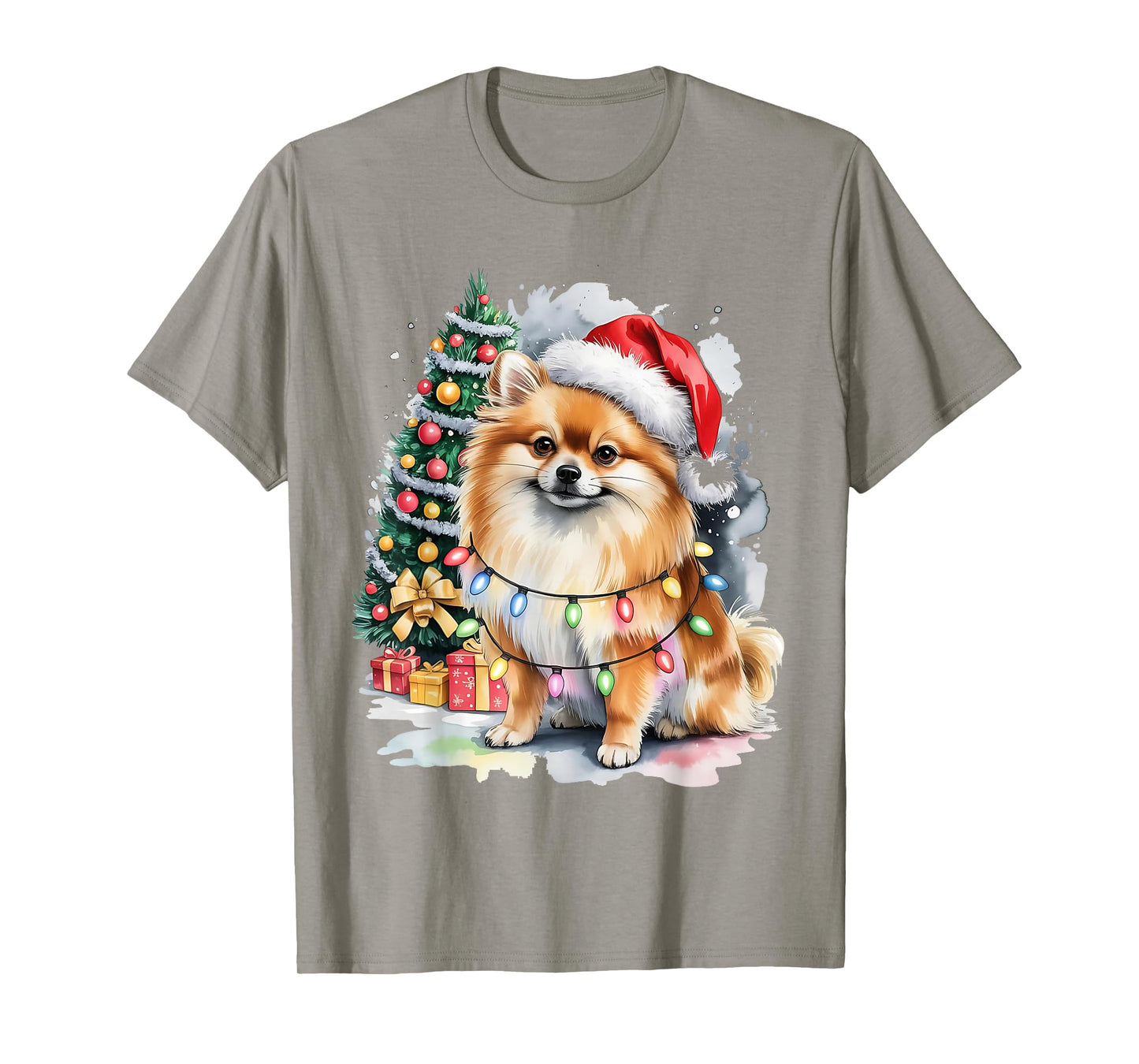 Funny Cute Santa Pomeranian Dog Tangled in Christmas Lights T-Shirt