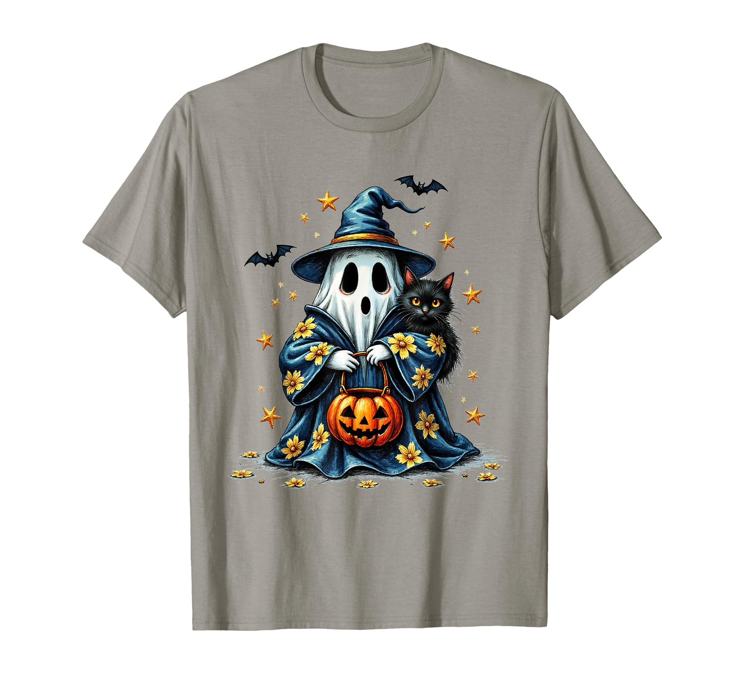 Ghost Holding Black Cat Lover Halloween 2025 Groovy Floral T-Shirt