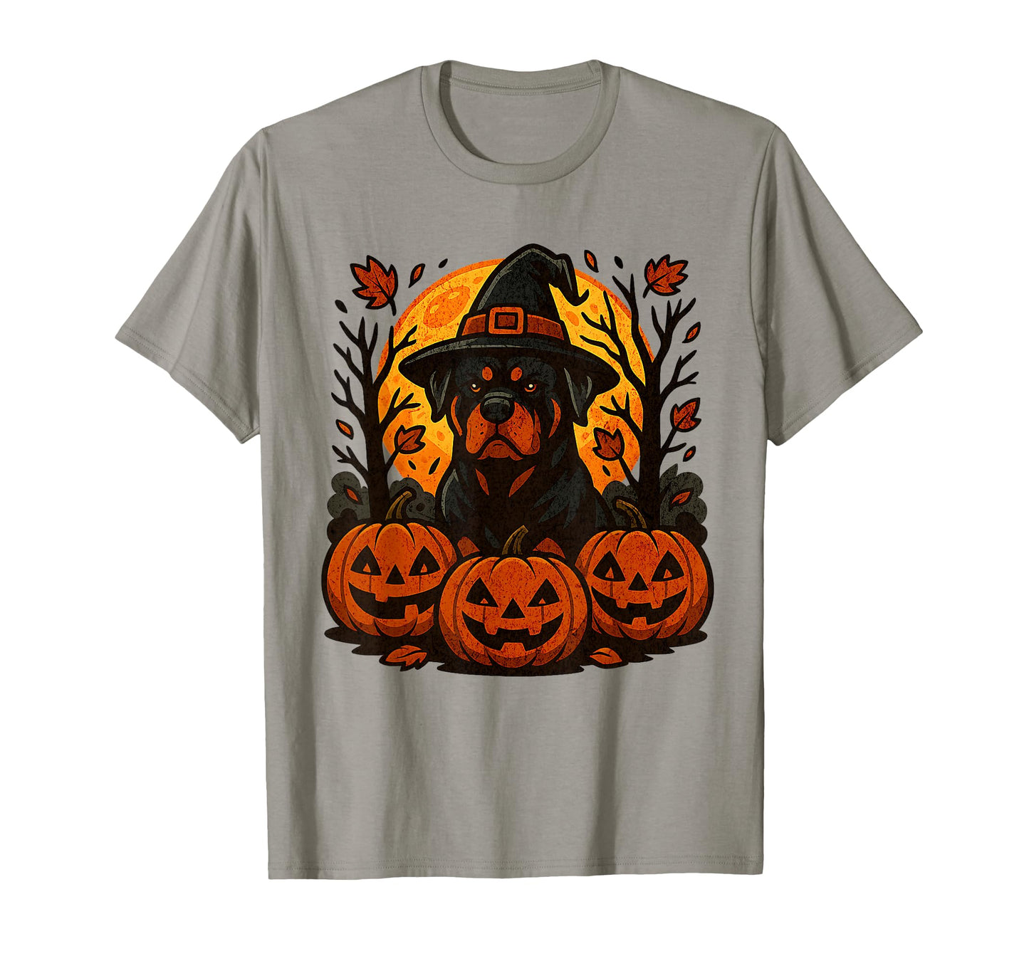 Halloween Spooky Rottweiler Witch Hat Pumpkins Autumn Leaves T-Shirt