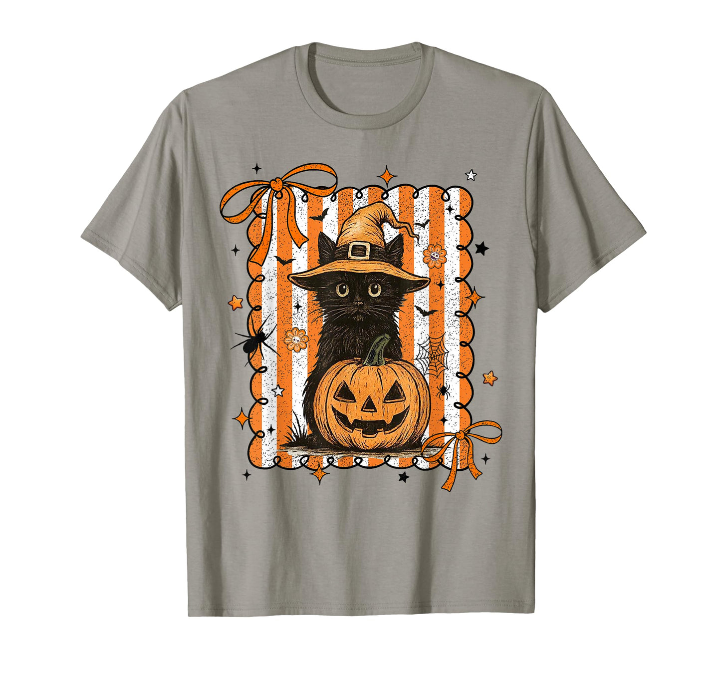 Coquette Bow Black Cat and Pumpkin Retro Halloween T-Shirt