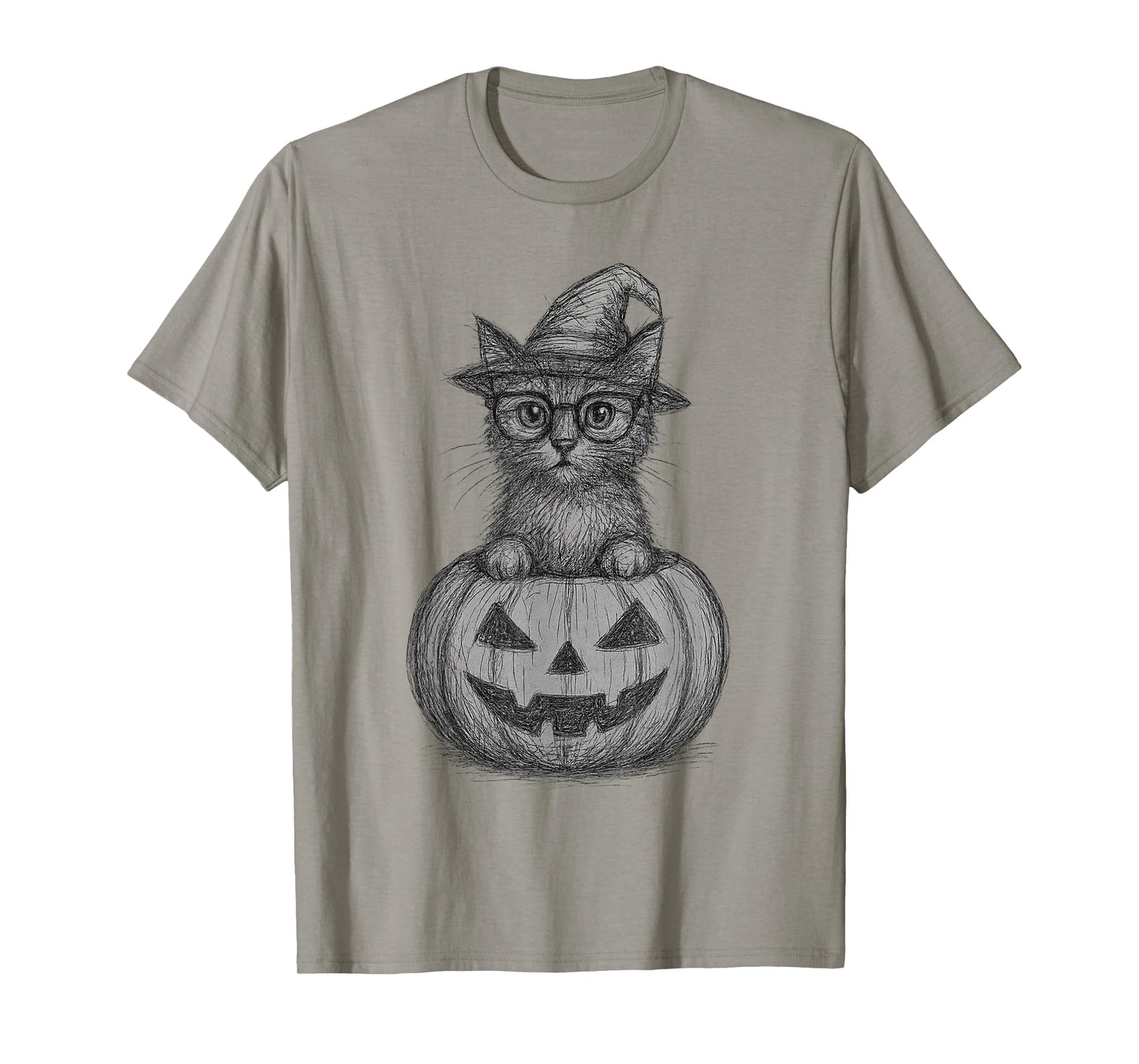 Abstract Scribble Halloween Cat in Pumpkin Witch Hat T-Shirt