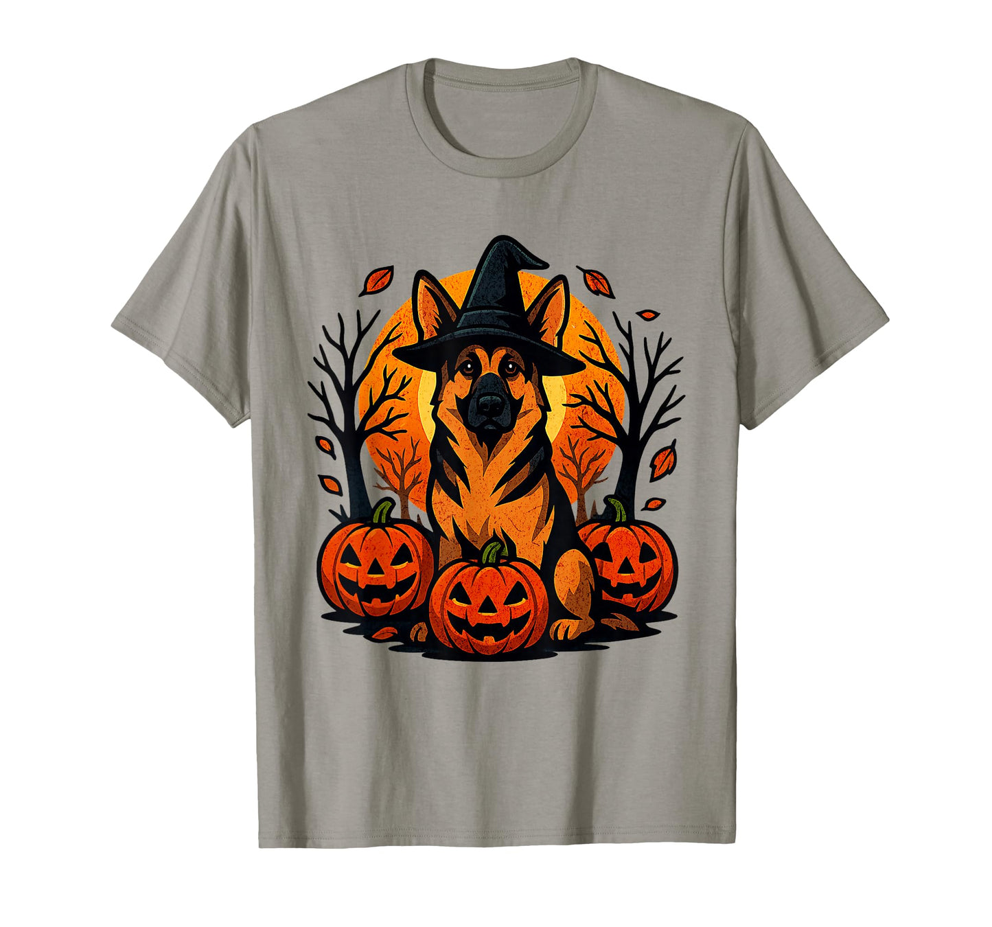 Halloween German Shepherd Witch Hat Pumpkins Autumn Leaves T-Shirt