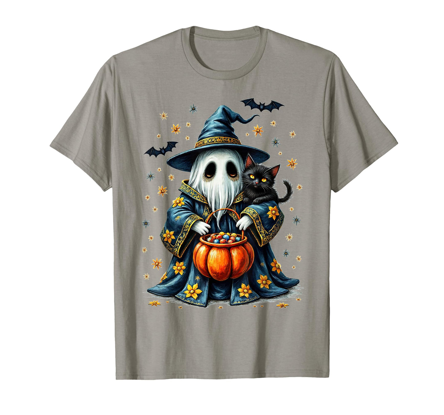 Ghost Holding Black Cat Lover Halloween 2025 Groovy Floral T-Shirt