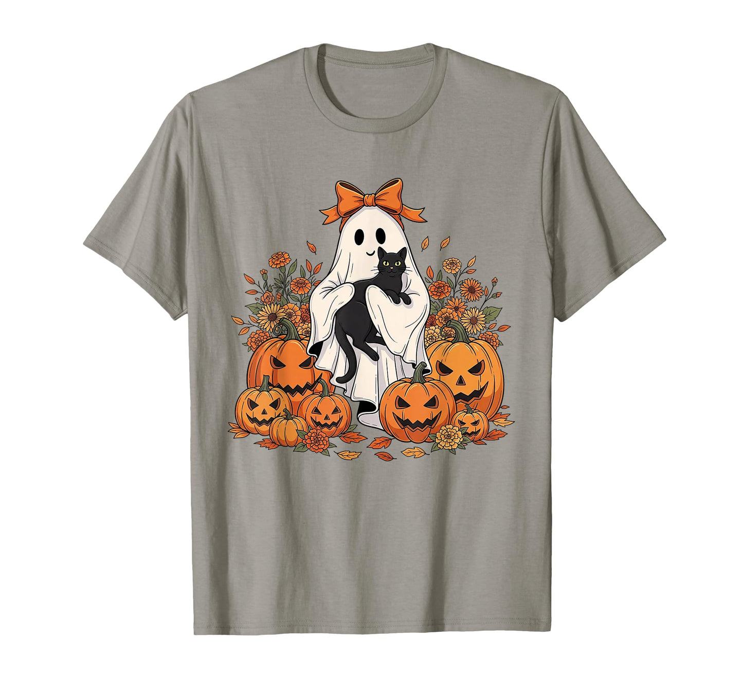 Vintage Halloween Ghost Holding Black Floral cat Ghost T-Shirt