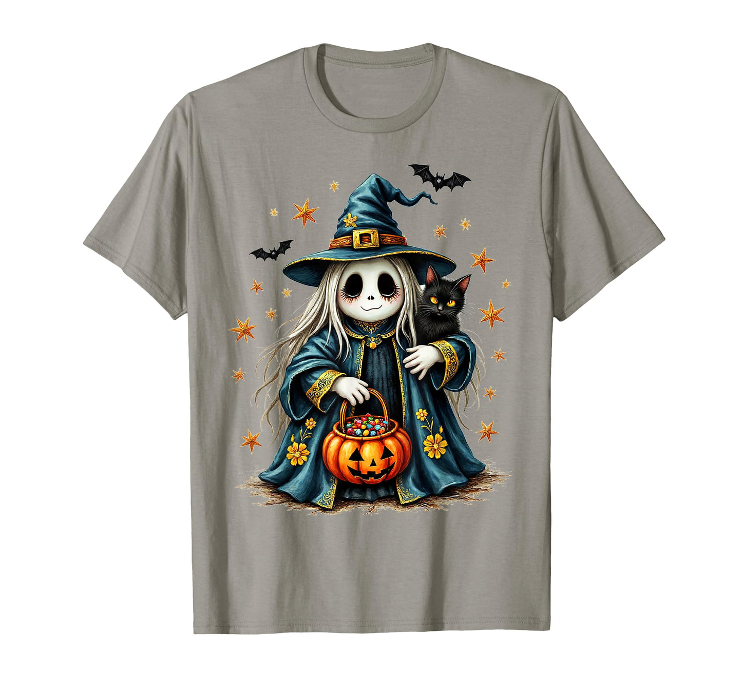Ghost Holding Black Cat Lover Halloween 2025 Groovy Floral T-Shirt
